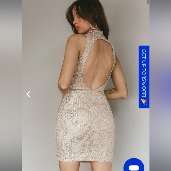Selfie Leslie keyhole backless halter mini dress in champagne sequin - Picture 2 of 6